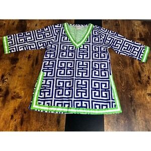 Gretchen Scott Girls 10/12 Blue White Tunic Swimsuit Cover Up Cotton Geometric